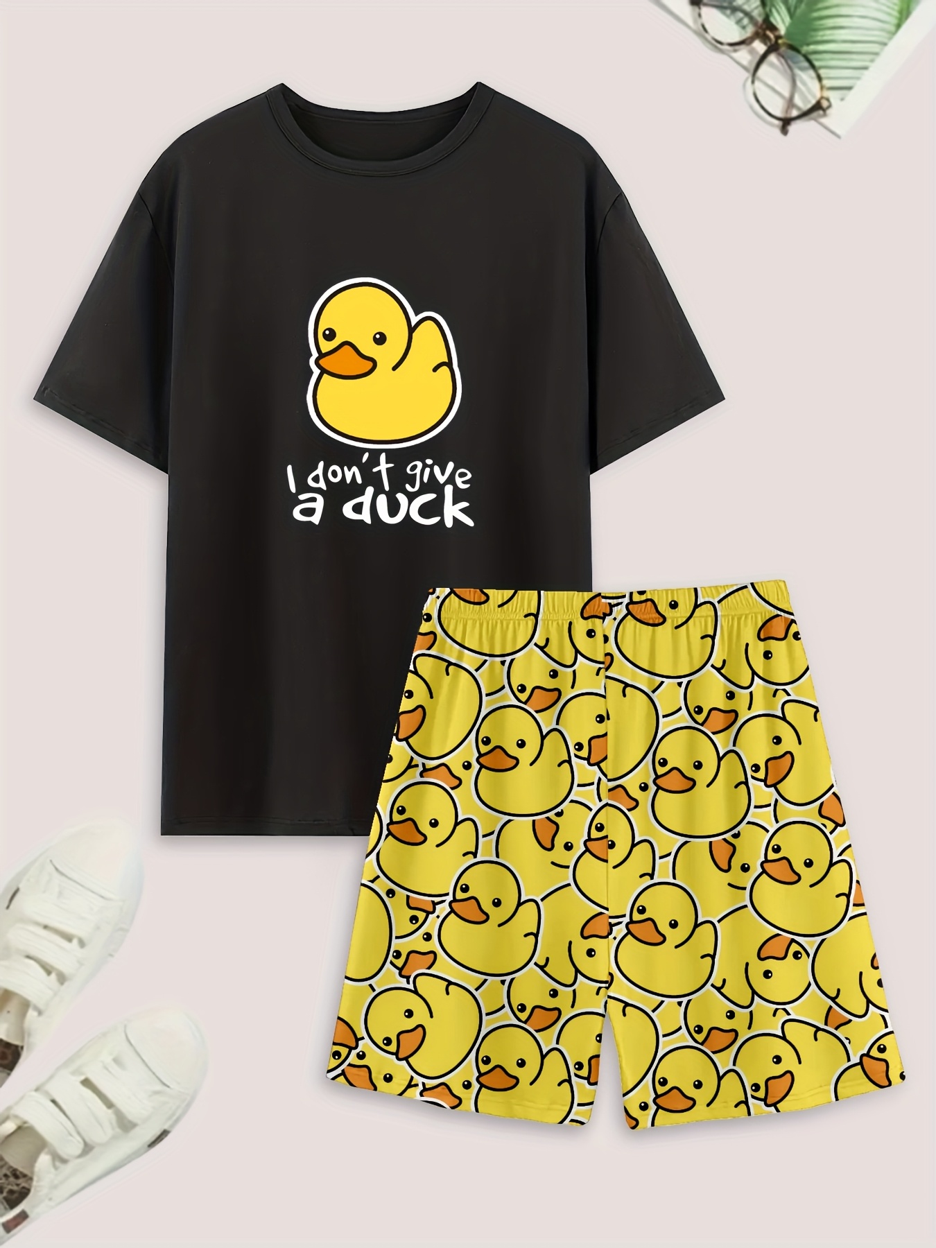 AliExpress A set of duck printed casual pajamas and home clothes, duck printed shorts, and a T-shirt with a duck pattern, comfortable summe