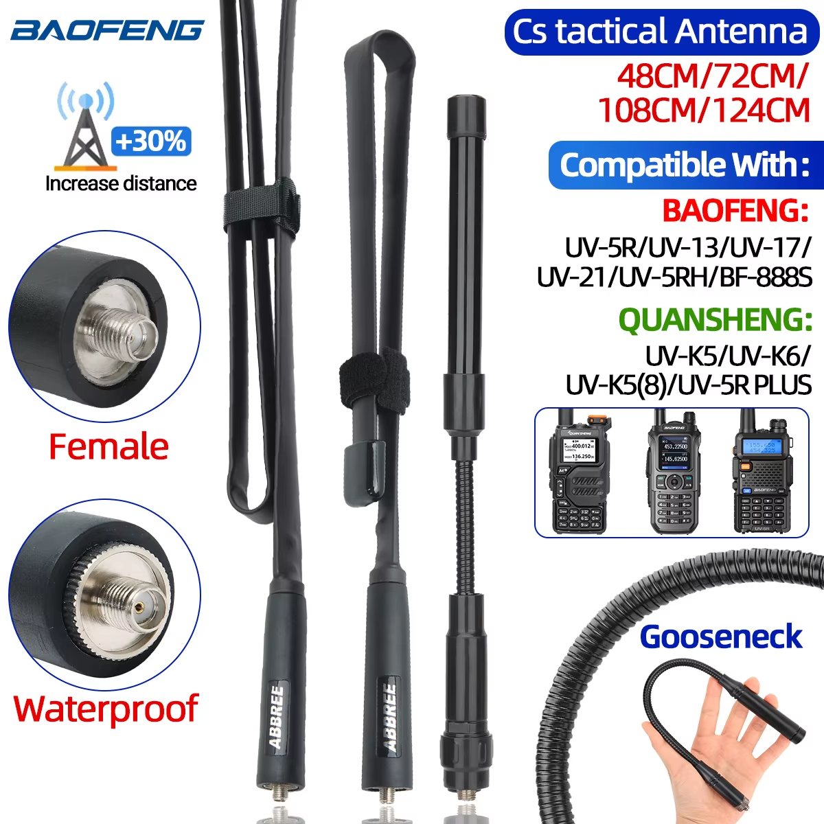 AliExpress ABBREE CS Tactical Antenna SMA-Female Dual Band VHF UHF 144/430Mhz Foldable For Walkie Talkie Baofeng UV-21 UV-5R QuanSheng K5