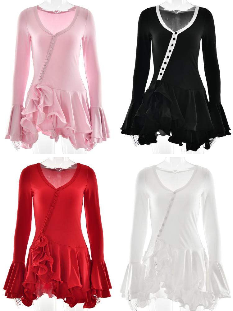AliExpress Absobe Women's A-Line Bodycon Mini Dress Ruffle Hem V-Neck Asymmetrical Buttons Long Sleeve Short Dress Party Streetwear Outfits, view 6