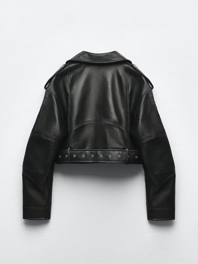 AliExpress Ailegogo Spring Autumn Women Faux Pu Leather Short Jacket with Belt Motorcycle Biker Female Zipper Lapel Loose Coat Outwear, view 2