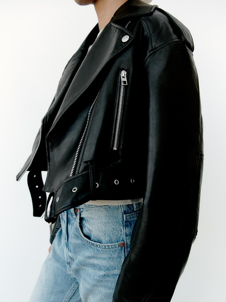 AliExpress Ailegogo Spring Autumn Women Faux Pu Leather Short Jacket with Belt Motorcycle Biker Female Zipper Lapel Loose Coat Outwear, view 3