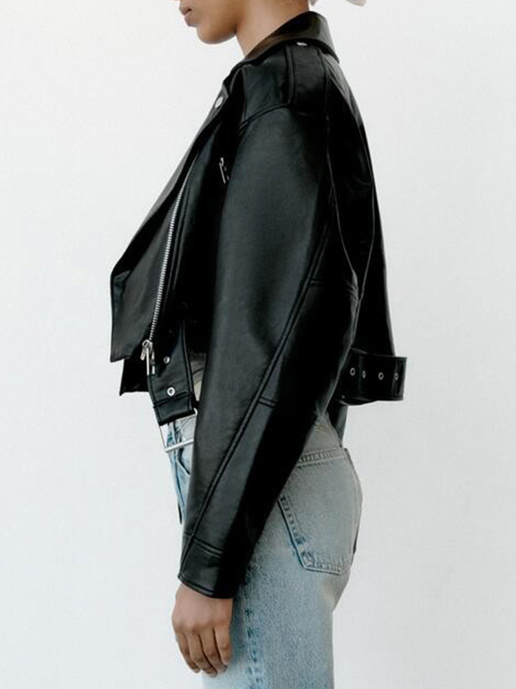 AliExpress Ailegogo Spring Autumn Women Faux Pu Leather Short Jacket with Belt Motorcycle Biker Female Zipper Lapel Loose Coat Outwear, view 4