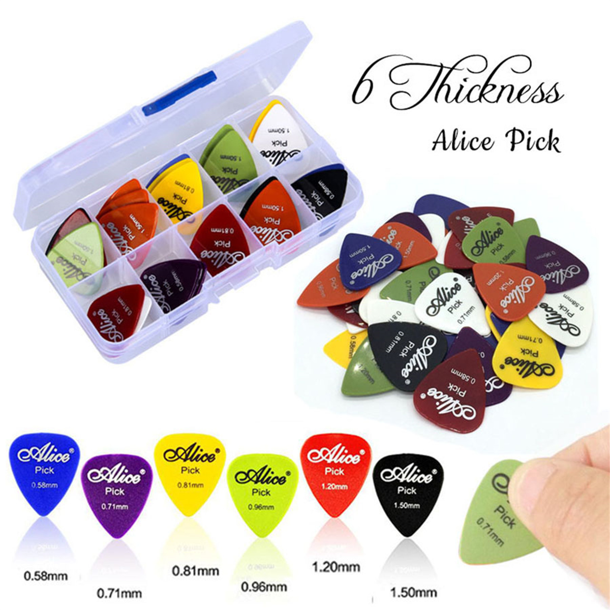 AliExpress Alice 12/24/50/100 Pcs Guitar Picks Set: Assorted Thicknesses (0.58/0.71/0.81/0.96/1.2/1.5mm) for Acoustic, Electric & Bass, view 4