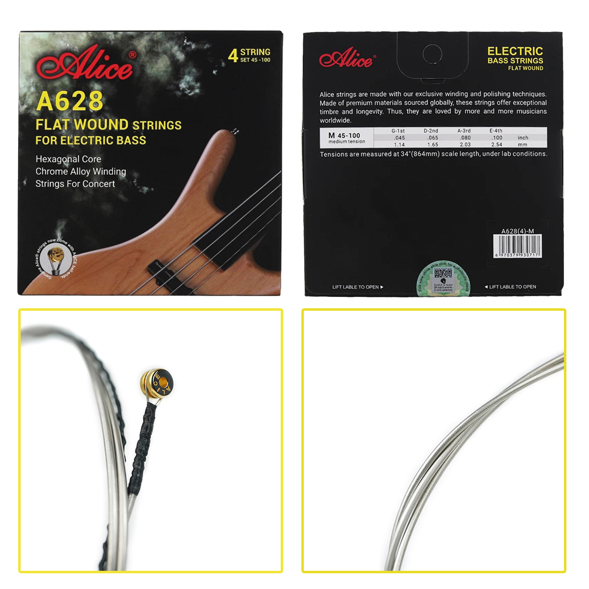 AliExpress Alice A628-M Fretless Bass Strings – 45/65/80/100, Chrome Alloy Winding,Hex Steel Core, Smooth&Warm, for 4-String Electric Bass, view 2