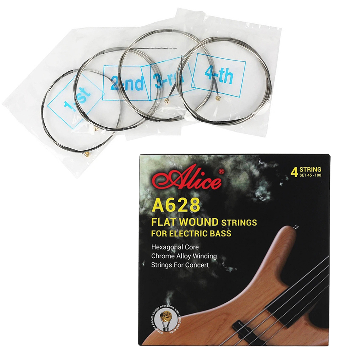 AliExpress Alice A628-M Fretless Bass Strings – 45/65/80/100, Chrome Alloy Winding,Hex Steel Core, Smooth&Warm, for 4-String Electric Bass, view 4