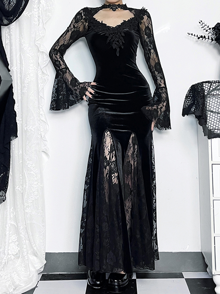 AliExpress AltGoth Aesthetic Gothic Midi Dress Women Vintage Elagnt Lace Patchwork See Through Flare Sleeve High Waist Clubwear Dress Femme, view 2
