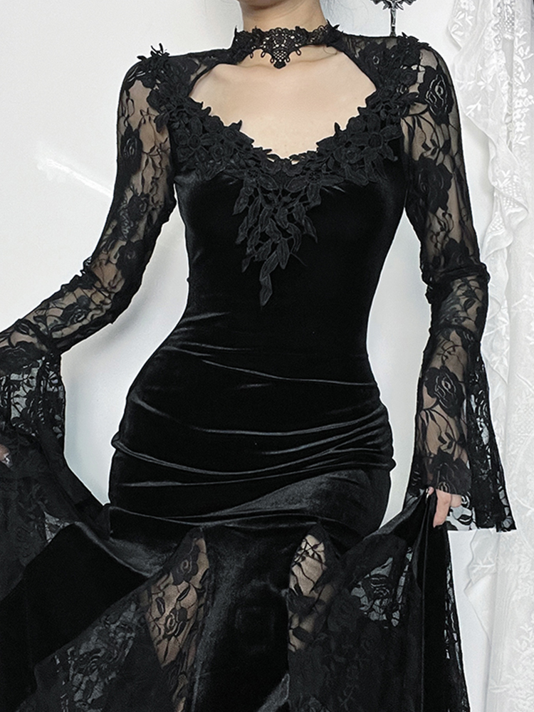 AliExpress AltGoth Aesthetic Gothic Midi Dress Women Vintage Elagnt Lace Patchwork See Through Flare Sleeve High Waist Clubwear Dress Femme, view 3