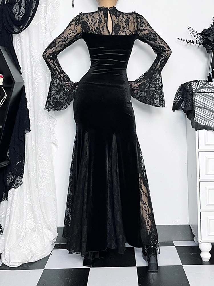 AliExpress AltGoth Aesthetic Gothic Midi Dress Women Vintage Elagnt Lace Patchwork See Through Flare Sleeve High Waist Clubwear Dress Femme, view 6