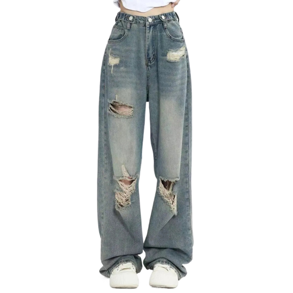 AliExpress American Retro Hole-punched Jeans Women High Waist Straight-crotch Loose Slim Design High-street Vibe Wide-legged Dragging Pants