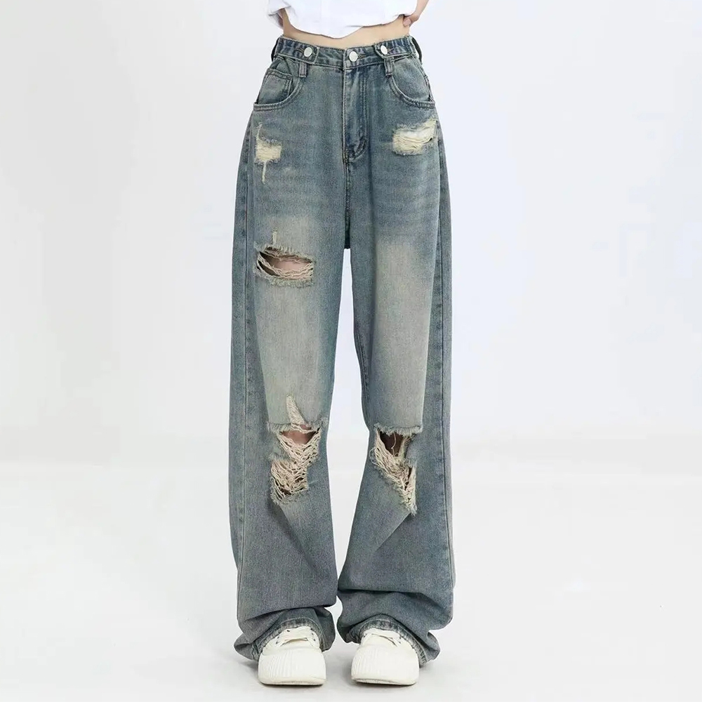 AliExpress American Retro Hole-punched Jeans Women High Waist Straight-crotch Loose Slim Design High-street Vibe Wide-legged Dragging Pants, view 2