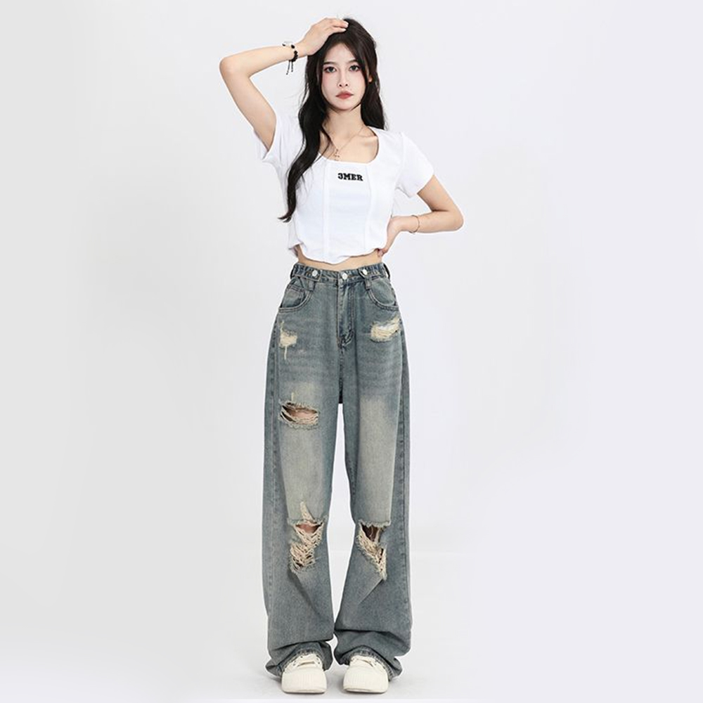 AliExpress American Retro Hole-punched Jeans Women High Waist Straight-crotch Loose Slim Design High-street Vibe Wide-legged Dragging Pants, view 3