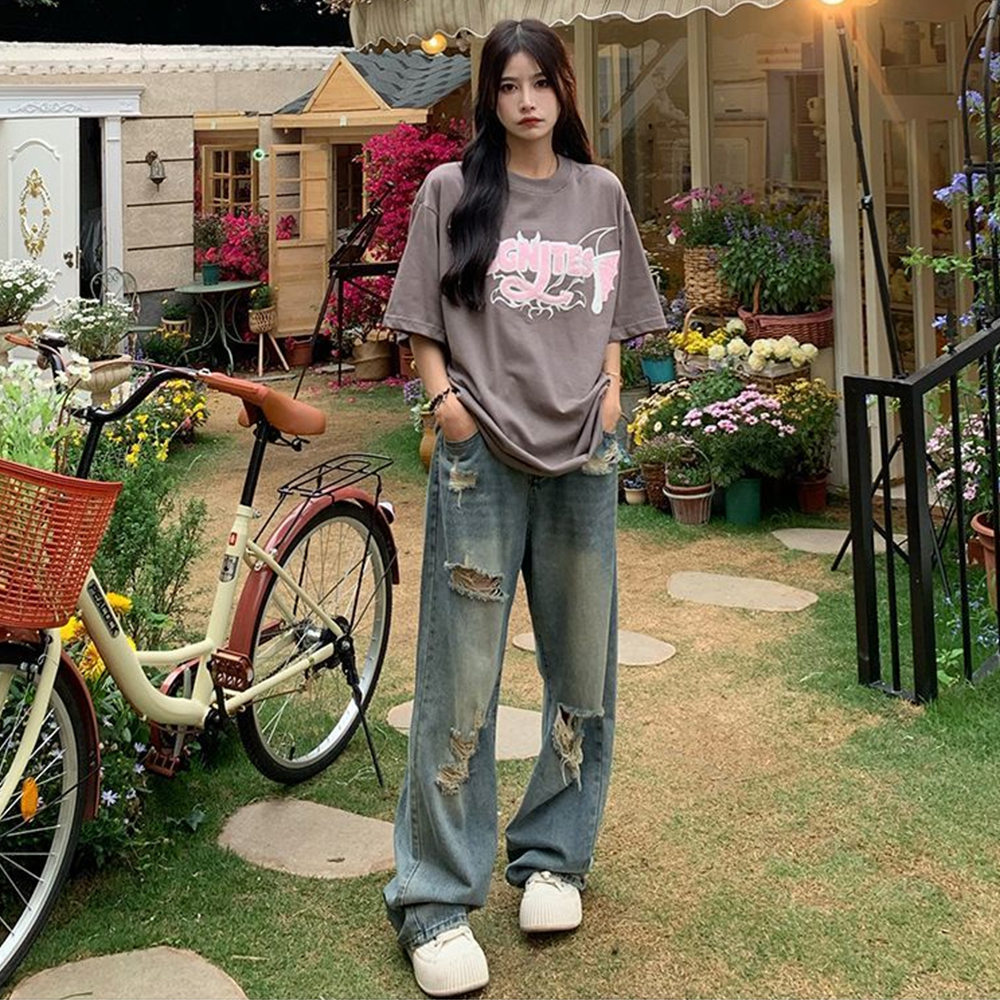AliExpress American Retro Hole-punched Jeans Women High Waist Straight-crotch Loose Slim Design High-street Vibe Wide-legged Dragging Pants, view 4