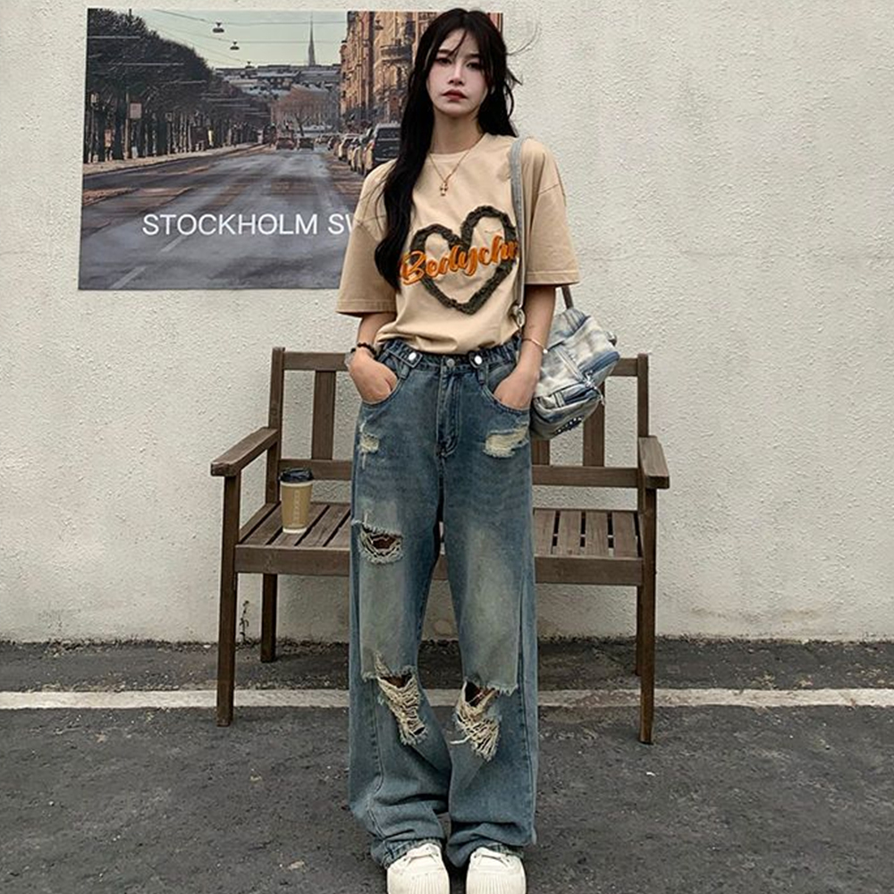 AliExpress American Retro Hole-punched Jeans Women High Waist Straight-crotch Loose Slim Design High-street Vibe Wide-legged Dragging Pants, view 5
