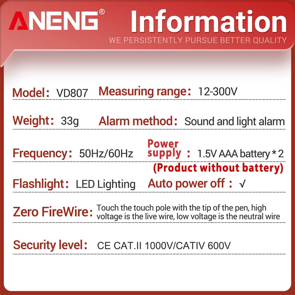 AliExpress ANENG VD807 One-word Induction Tester Portable 50/60Hz Smart Electric Pen NCV Sensor AC 12-300V Non-contact Wire Detector Tools, view 6