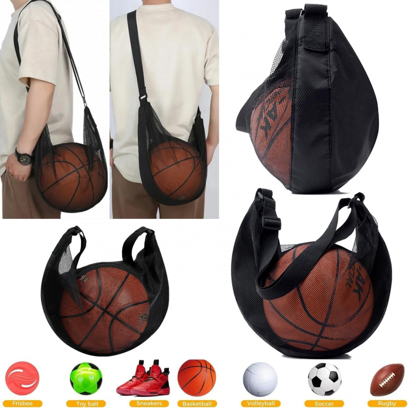 AliExpress Anti-Tear Mesh Single Ball Bag Fits Size 7 Basketball Soccer Volleyball Crossbody Carrier With Adjustable Strap & Zipper, view 2