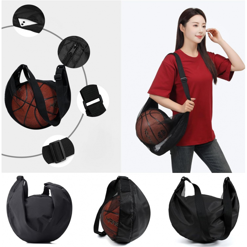 AliExpress Anti-Tear Mesh Single Ball Bag Fits Size 7 Basketball Soccer Volleyball Crossbody Carrier With Adjustable Strap & Zipper, view 3