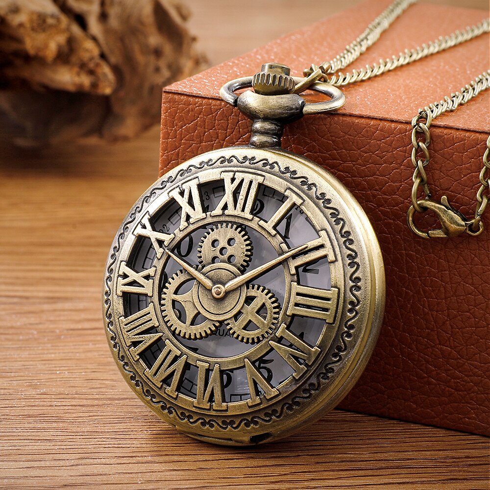 AliExpress Antique Steampunk Vintage Roman Numerals Quartz Pocket Watch Bronze Case Necklace Pendant Clock Chain Mens Women
