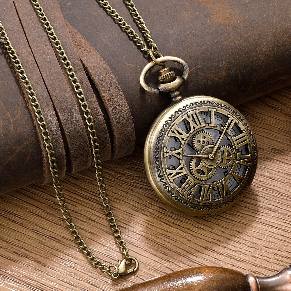 AliExpress Antique Steampunk Vintage Roman Numerals Quartz Pocket Watch Bronze Case Necklace Pendant Clock Chain Mens Women, view 3