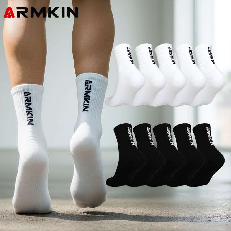 AliExpress ARMKIN 5 Pairs Men Socks White/Black Color High Quality Women Sport Socks Cotton Outdoor Sock Mid-calf Running Socks Size 37-44