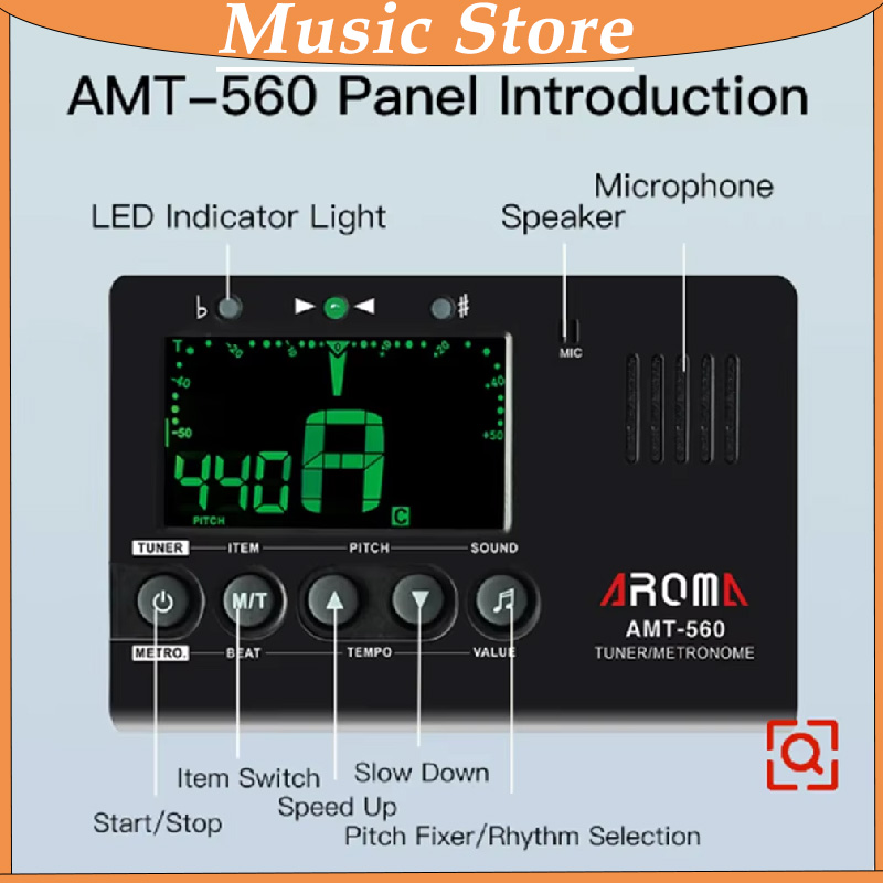 AliExpress Aroma AMT-560 Electric Guitar Tuner & Metronome Built-in Mic with Pickup Cable 6.3mm for Guitar Chromatic Bass Violin Ukulele