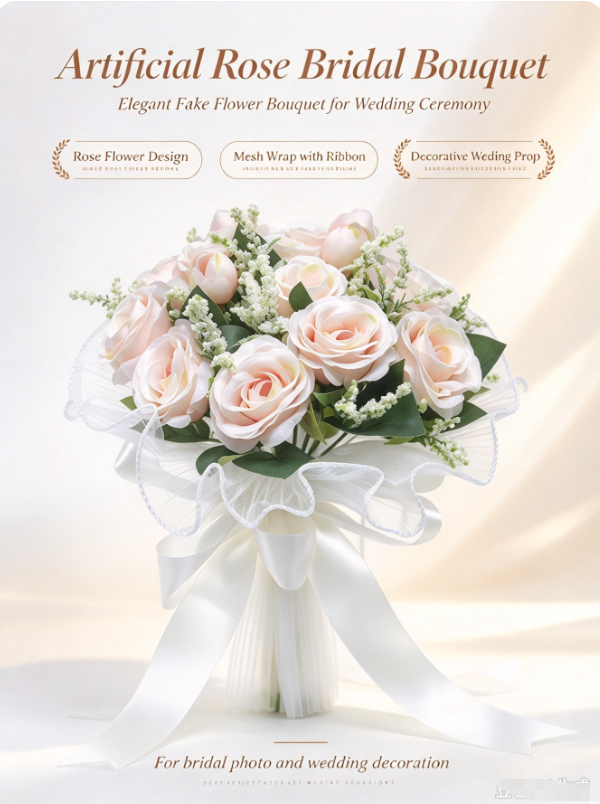 AliExpress Artificial Rose Bridal Bouquet, Light Pink Fake Flower Bouquet with Mesh Wrap and Long Ribbon Bow for Wedding Ceremony and Brida