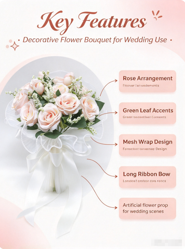 AliExpress Artificial Rose Bridal Bouquet, Light Pink Fake Flower Bouquet with Mesh Wrap and Long Ribbon Bow for Wedding Ceremony and Brida, view 2