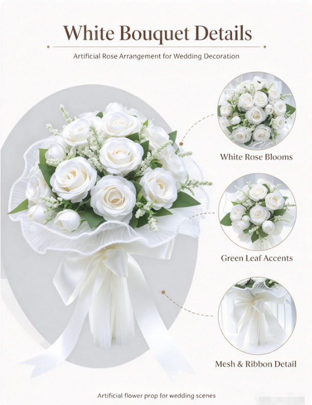 AliExpress Artificial Rose Bridal Bouquet, Light Pink Fake Flower Bouquet with Mesh Wrap and Long Ribbon Bow for Wedding Ceremony and Brida, view 3