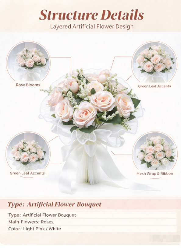 AliExpress Artificial Rose Bridal Bouquet, Light Pink Fake Flower Bouquet with Mesh Wrap and Long Ribbon Bow for Wedding Ceremony and Brida, view 4
