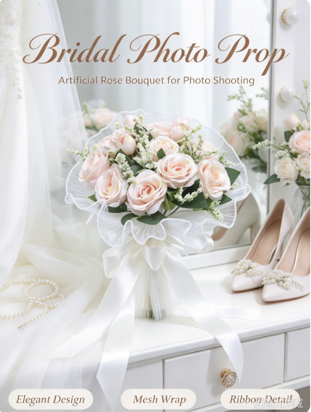 AliExpress Artificial Rose Bridal Bouquet, Light Pink Fake Flower Bouquet with Mesh Wrap and Long Ribbon Bow for Wedding Ceremony and Brida, view 5