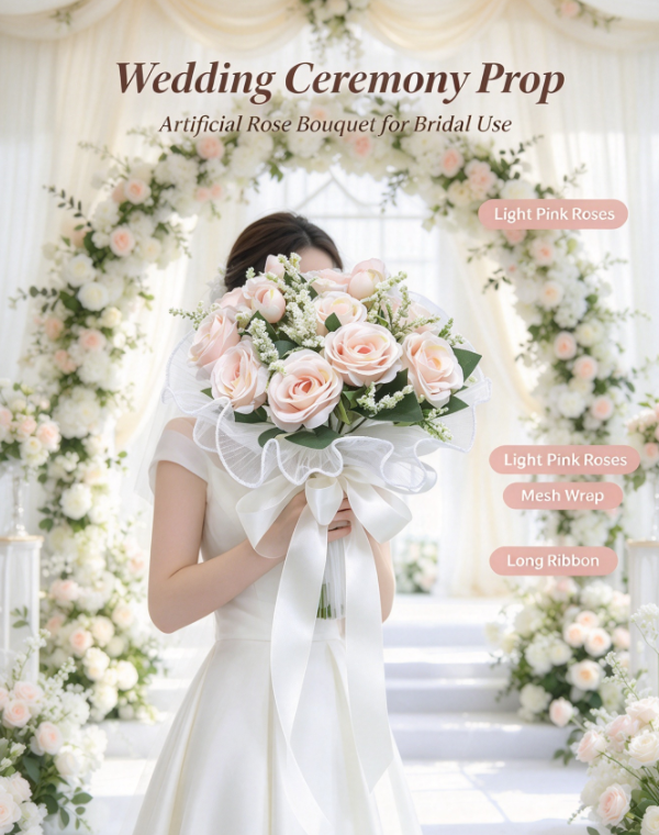 AliExpress Artificial Rose Bridal Bouquet, Light Pink Fake Flower Bouquet with Mesh Wrap and Long Ribbon Bow for Wedding Ceremony and Brida, view 6