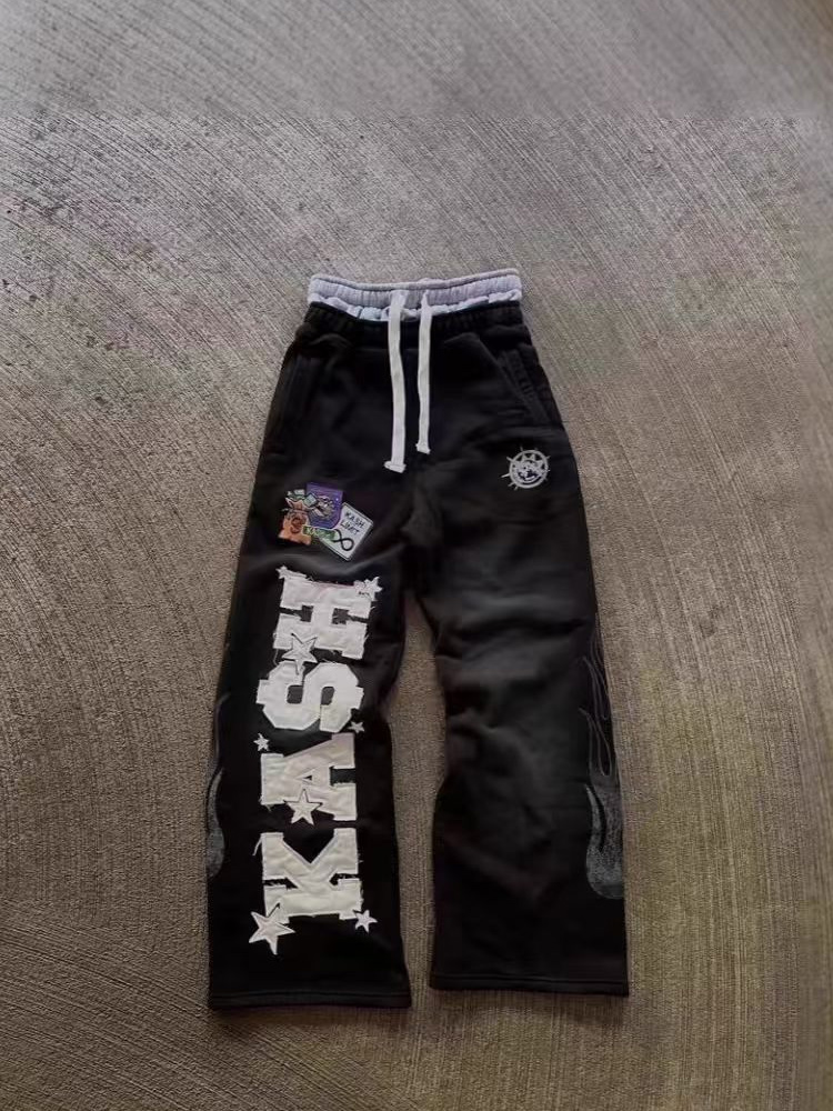 AliExpress Autumn and Winter Fashion High Street Ins Fashion Men's and Women's Loose Straight Embroidered Printed Casual Pants, view 4