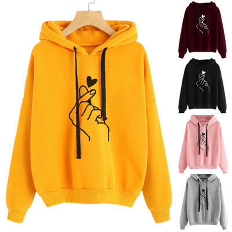 AliExpress Autumn Fleece Hoodie Solid Color Finger Heart Hooded Korean Fashion Sweatshirts Long Sleeve Top Drawstring Pockets Loose Hoodies