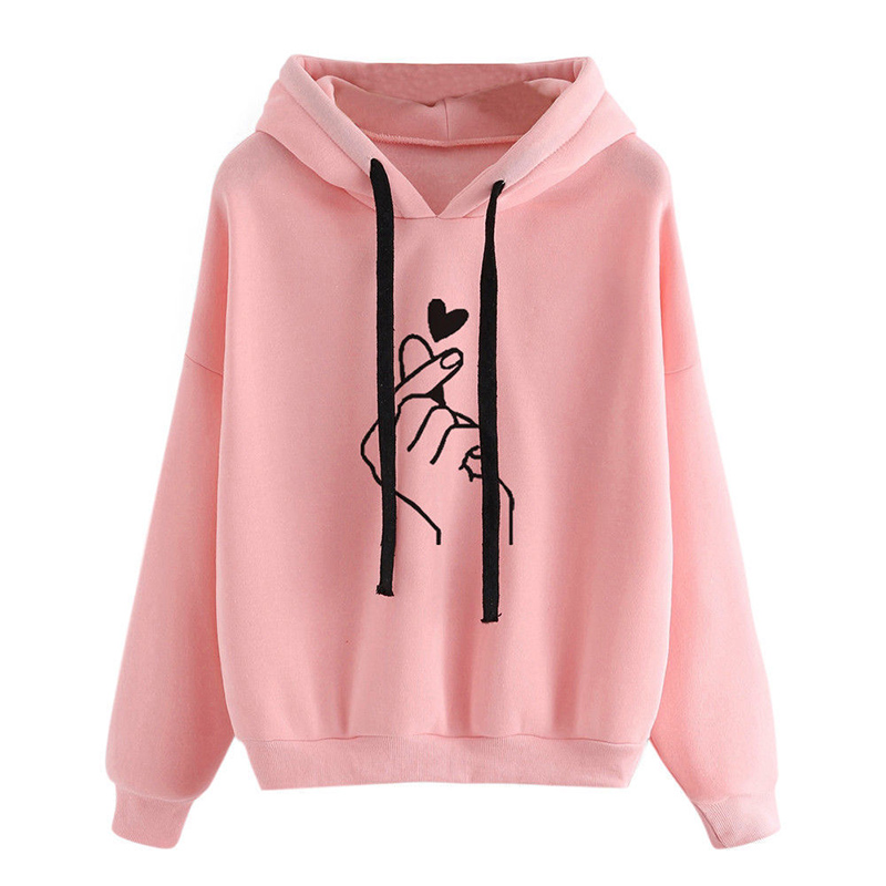 AliExpress Autumn Fleece Hoodie Solid Color Finger Heart Hooded Korean Fashion Sweatshirts Long Sleeve Top Drawstring Pockets Loose Hoodies, view 2