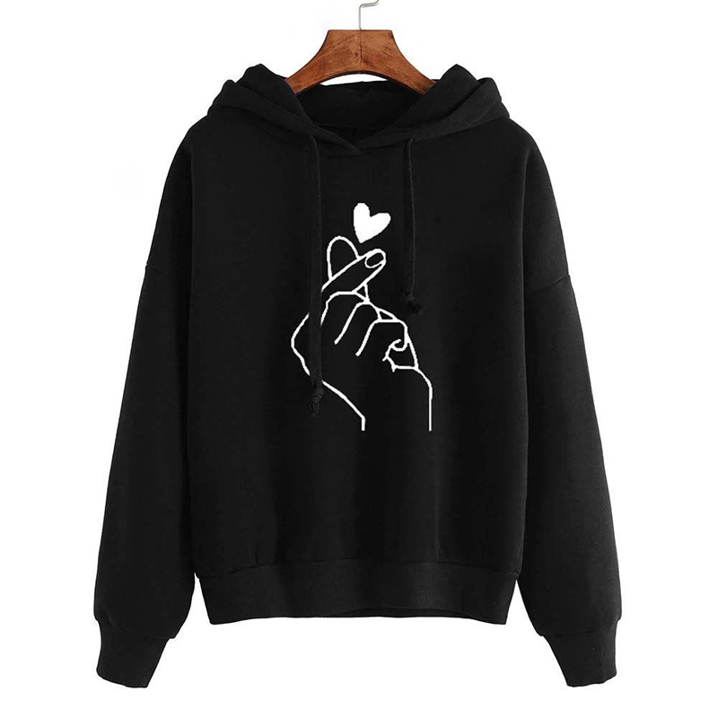 AliExpress Autumn Fleece Hoodie Solid Color Finger Heart Hooded Korean Fashion Sweatshirts Long Sleeve Top Drawstring Pockets Loose Hoodies, view 4