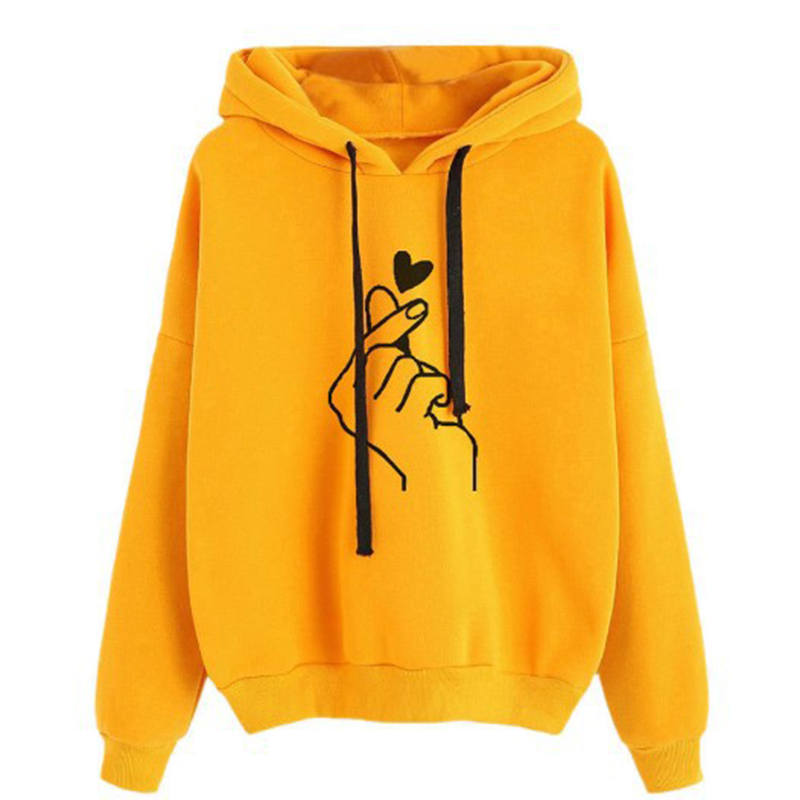 AliExpress Autumn Fleece Hoodie Solid Color Finger Heart Hooded Korean Fashion Sweatshirts Long Sleeve Top Drawstring Pockets Loose Hoodies, view 6