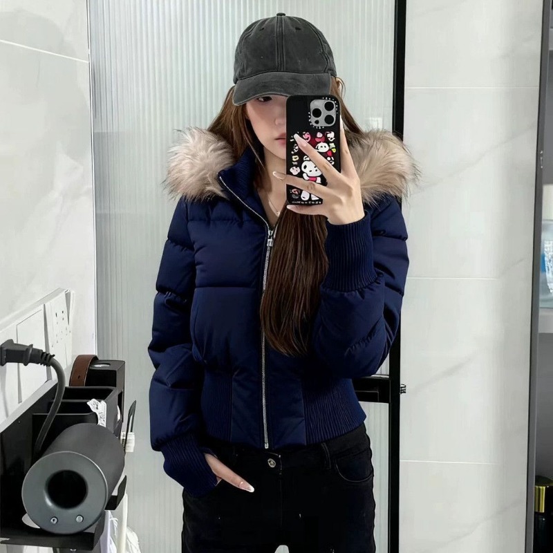 AliExpress Autumn Winter Fur Collar Hooded Cropped Puffer Jacket Women's Warm Cotton Padded Jacket Short Top Windproof Coat Y2K High Waist, view 3