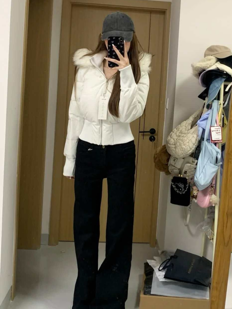 AliExpress Autumn Winter Fur Collar Hooded Cropped Puffer Jacket Women's Warm Cotton Padded Jacket Short Top Windproof Coat Y2K High Waist, view 4