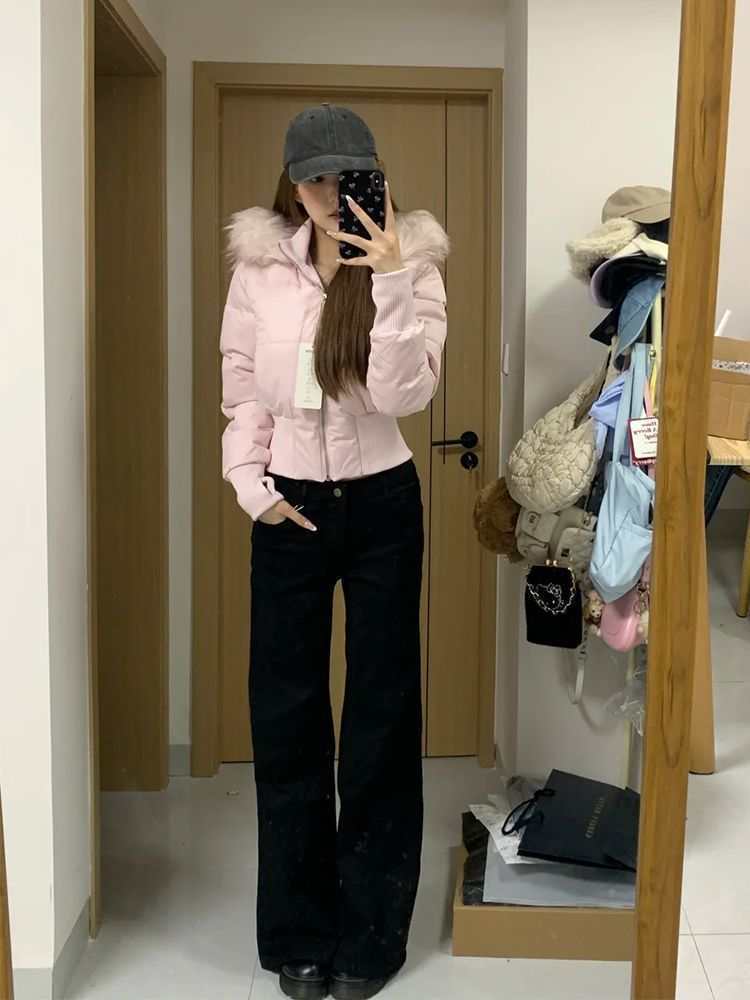 AliExpress Autumn Winter Fur Collar Hooded Cropped Puffer Jacket Women's Warm Cotton Padded Jacket Short Top Windproof Coat Y2K High Waist, view 5