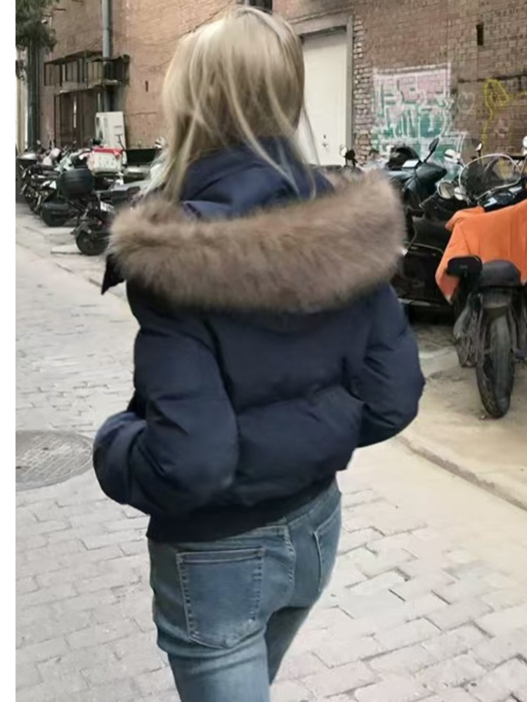 AliExpress Autumn Winter Fur Hooded Jacket Women Outerwear Thick Dowon Cotton Padded Slim Short Parkas Female Cropped Puffer Bubble Coat, view 4
