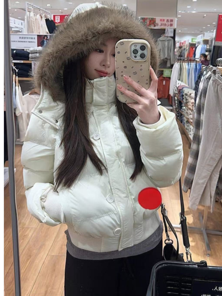 AliExpress Autumn Winter Fur Hooded Jacket Women Outerwear Thick Dowon Cotton Padded Slim Short Parkas Female Cropped Puffer Bubble Coat, view 5