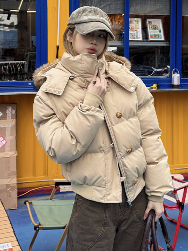AliExpress Autumn Winter Fur Hooded Jacket Women Outerwear Thick Dowon Cotton Padded Slim Short Parkas Female Cropped Puffer Bubble Coat, view 6