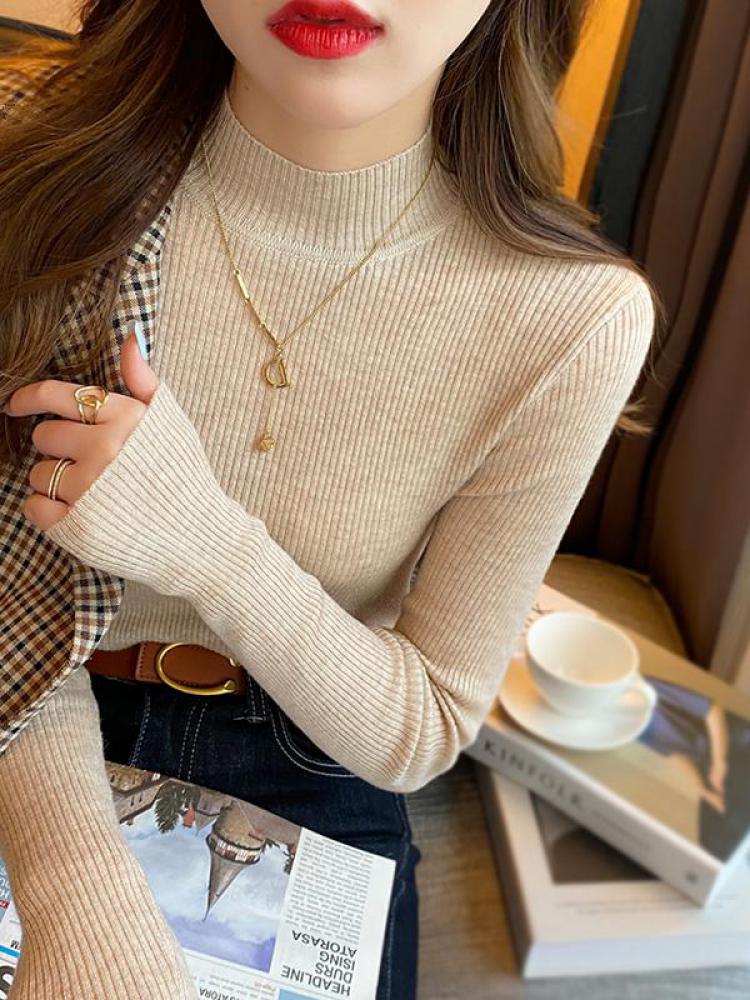 AliExpress Autumn Winter Mock Neck Women Sweater Vintage Basic Solid Knitted Korean Tops Casual Slim Pullover Sweaters Simple Chic Jumpers