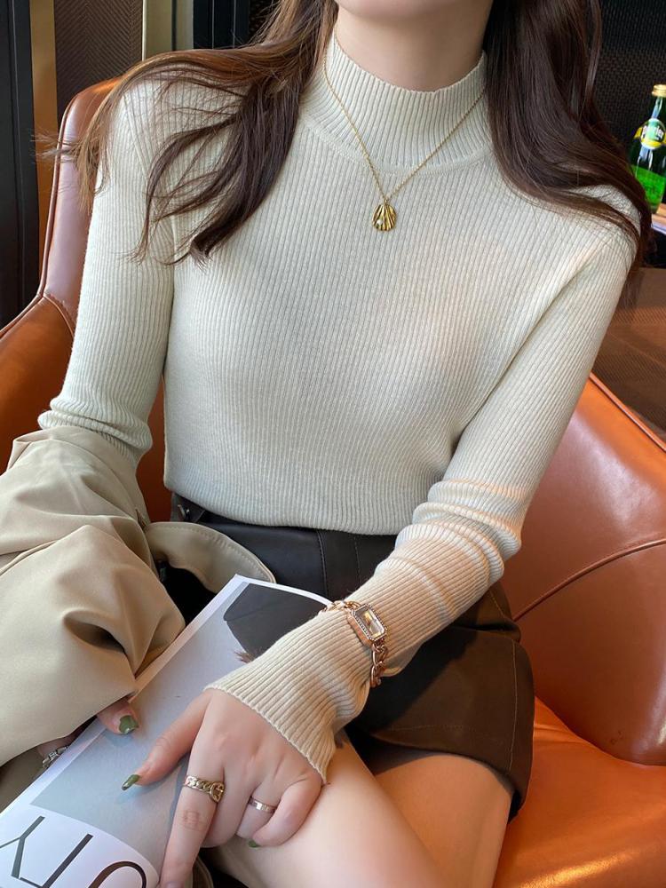 AliExpress Autumn Winter Mock Neck Women Sweater Vintage Basic Solid Knitted Korean Tops Casual Slim Pullover Sweaters Simple Chic Jumpers, view 2