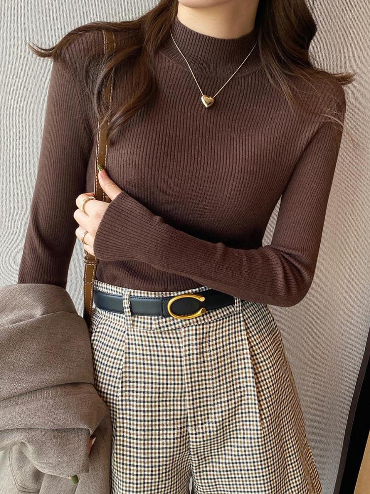 AliExpress Autumn Winter Mock Neck Women Sweater Vintage Basic Solid Knitted Korean Tops Casual Slim Pullover Sweaters Simple Chic Jumpers, view 3