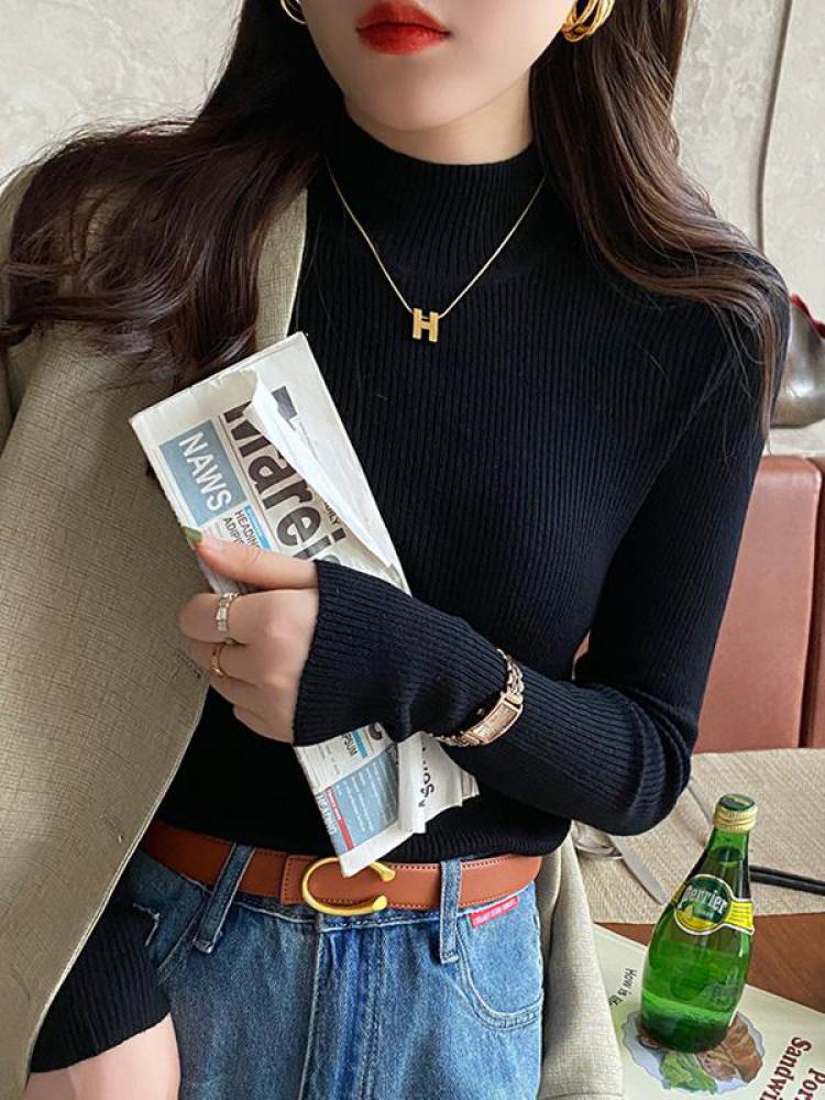 AliExpress Autumn Winter Mock Neck Women Sweater Vintage Basic Solid Knitted Korean Tops Casual Slim Pullover Sweaters Simple Chic Jumpers, view 6