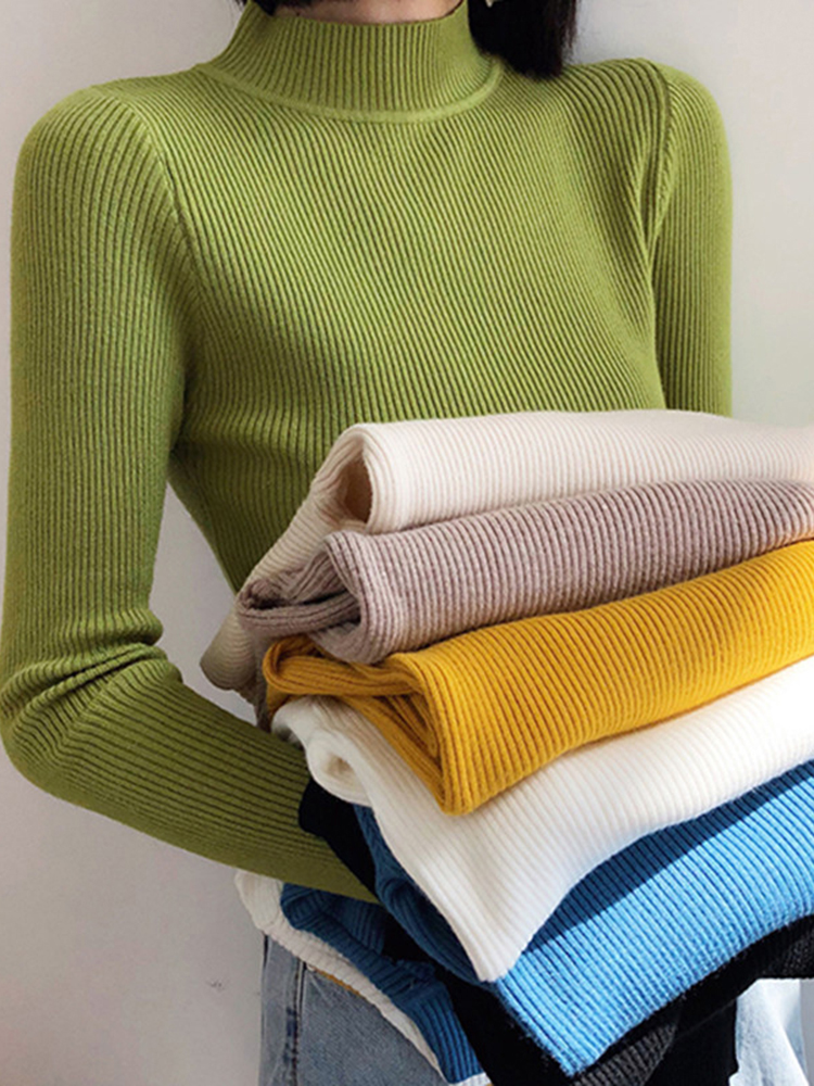 AliExpress Autumn Winter Mock Neck Women Sweater Vintage Basic Solid Knitted Tops Casual Slim Pullover Korean Sweaters Simple Chic Jumpers
