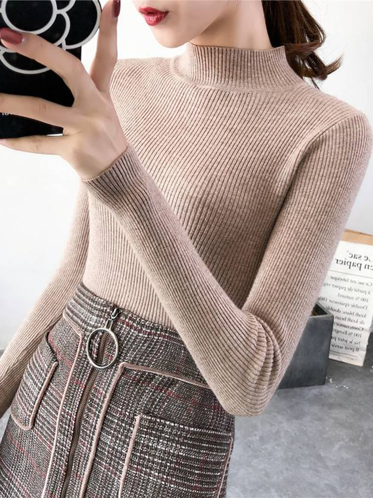 AliExpress Autumn Winter Mock Neck Women Sweater Vintage Basic Solid Knitted Tops Casual Slim Pullover Korean Sweaters Simple Chic Jumpers, view 4