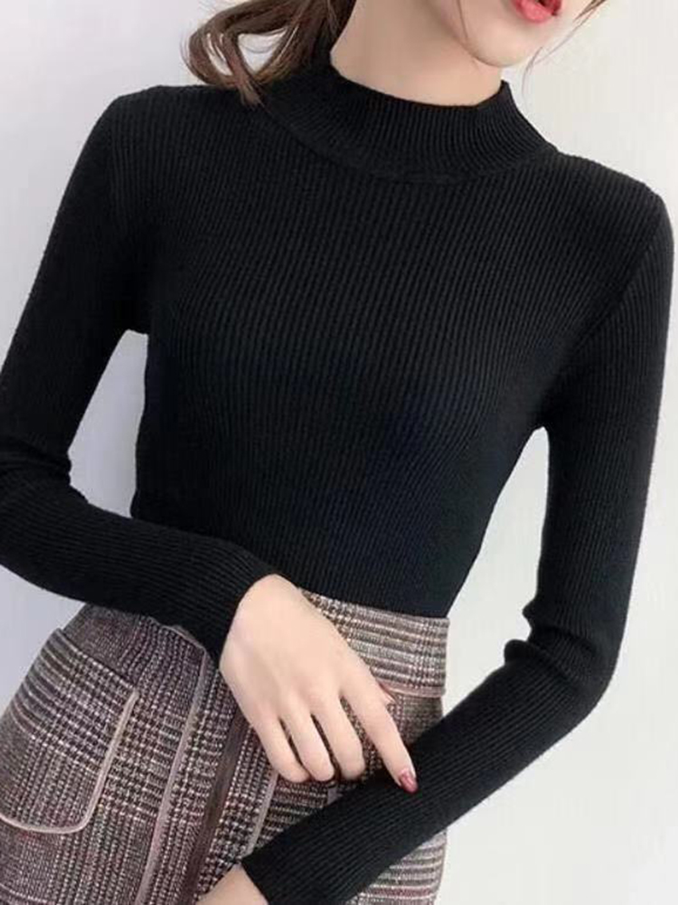 AliExpress Autumn Winter Mock Neck Women Sweater Vintage Basic Solid Knitted Tops Casual Slim Pullover Korean Sweaters Simple Chic Jumpers, view 5