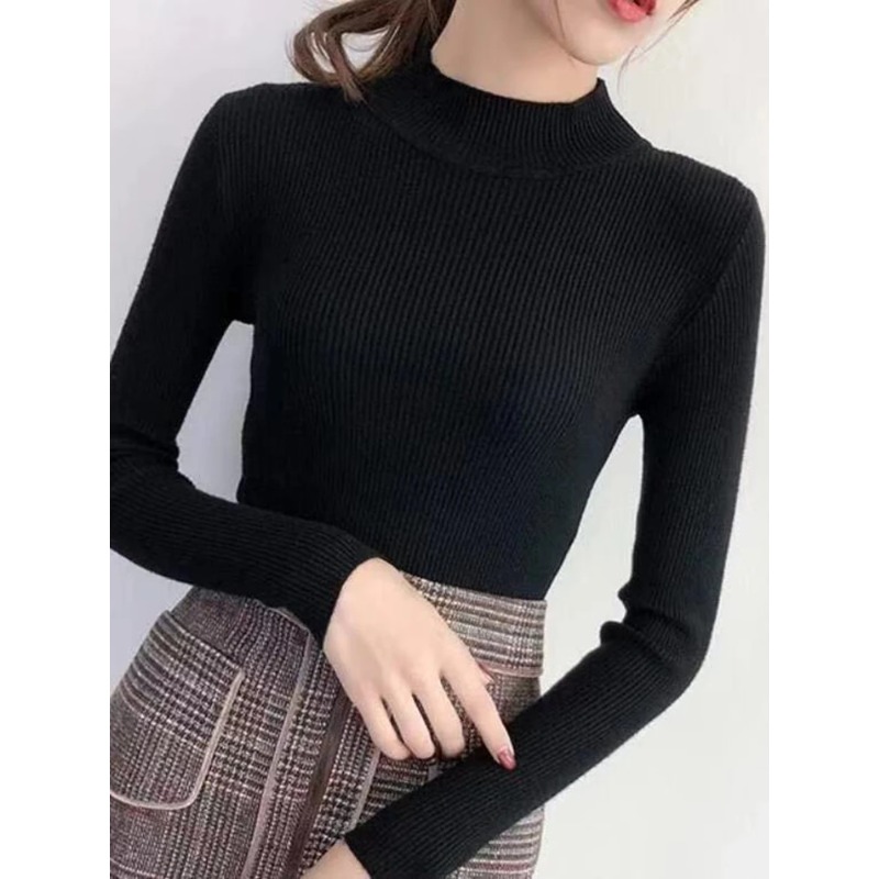 AliExpress Autumn Winter Mock Neck Women Sweater Vintage Basic Solid Knitted Tops Casual Slim Pullover Korean Sweaters Simple Chic Jumpers