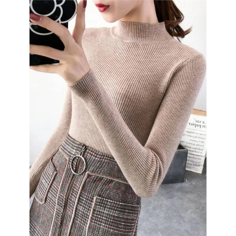 AliExpress Autumn Winter Mock Neck Women Sweater Vintage Basic Solid Knitted Tops Casual Slim Pullover Korean Sweaters Simple Chic Jumpers, view 2